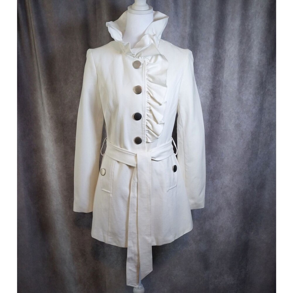 C2 Studio Stein Mart Womens Medium Egg White Ruffle Trench Coat Jacket NWT